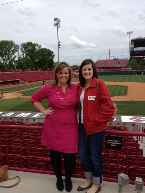 Red Cross staff members, Lauren Johnson and Anna Kate Christophillis enjoy seeing USC's baseball stadium. 